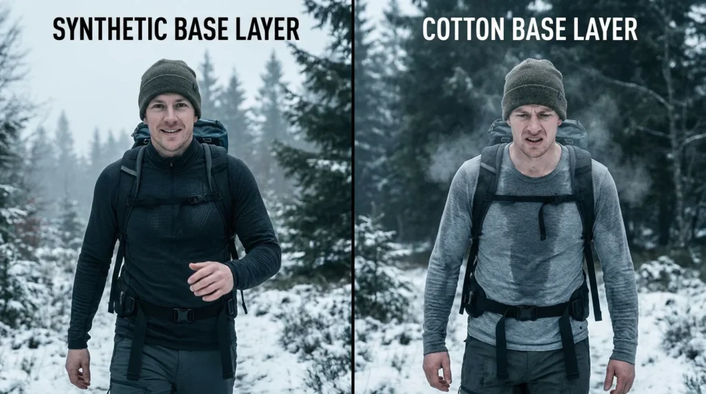 Comparison of synthetic base layer managing moisture during cold hiking versus cotton base layer clinging wet to skin