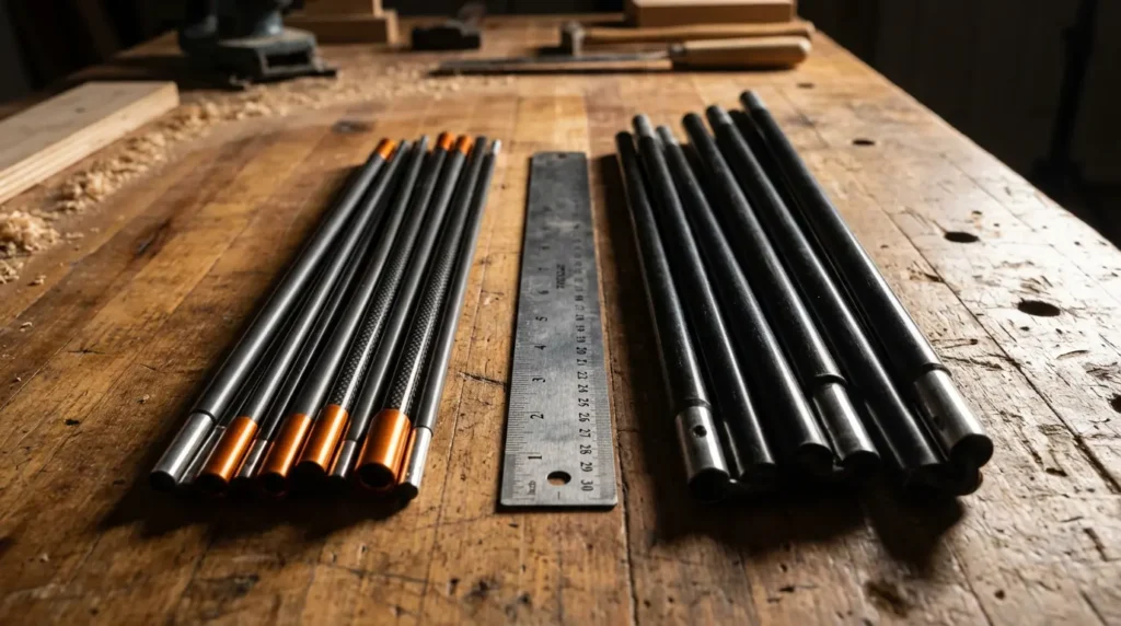 Comparison of lightweight aluminum backpacking tent poles versus heavy steel car camping tent poles