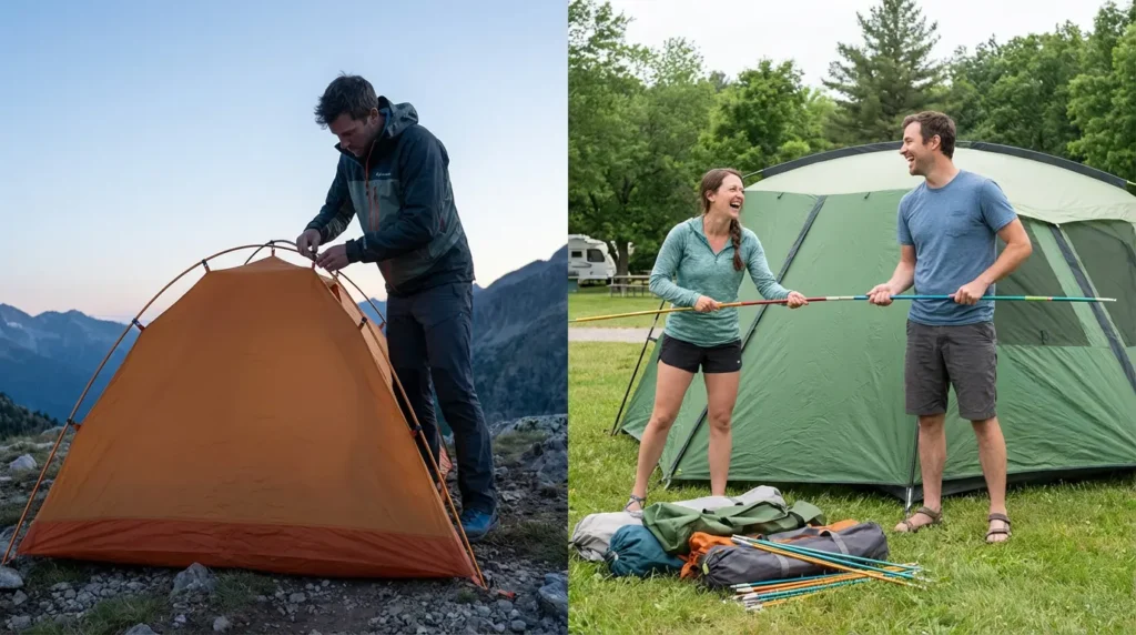 Solo hiker quickly setting up backpacking tent versus two adults assembling large car camping tent
