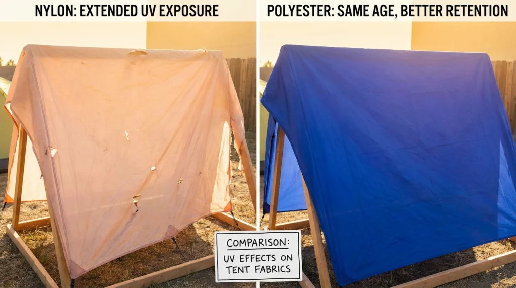 Comparison of UV degradation between nylon tent fabric and UV-resistant polyester tent fabric over time