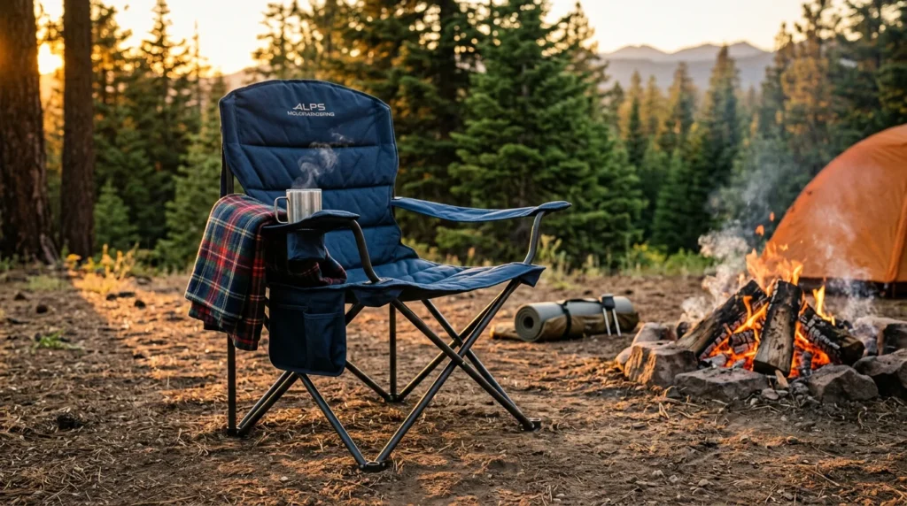 ALPS Mountaineering King Kong quilted camping chair set up beside a crackling campfire at a forest basecamp at dusk