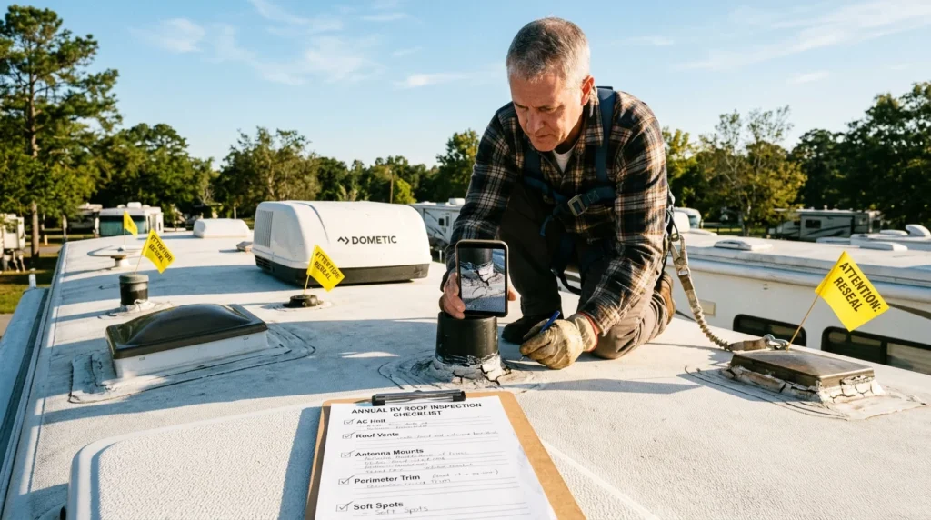 RV owner performing systematic roof inspection photographing sealant penetration point with smartphone and marking problem areas with clipboard checklist