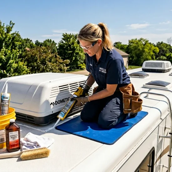 RV technician performing annual RV roof maintenance applying lap sealant around air conditioning unit on white Class A motorhome