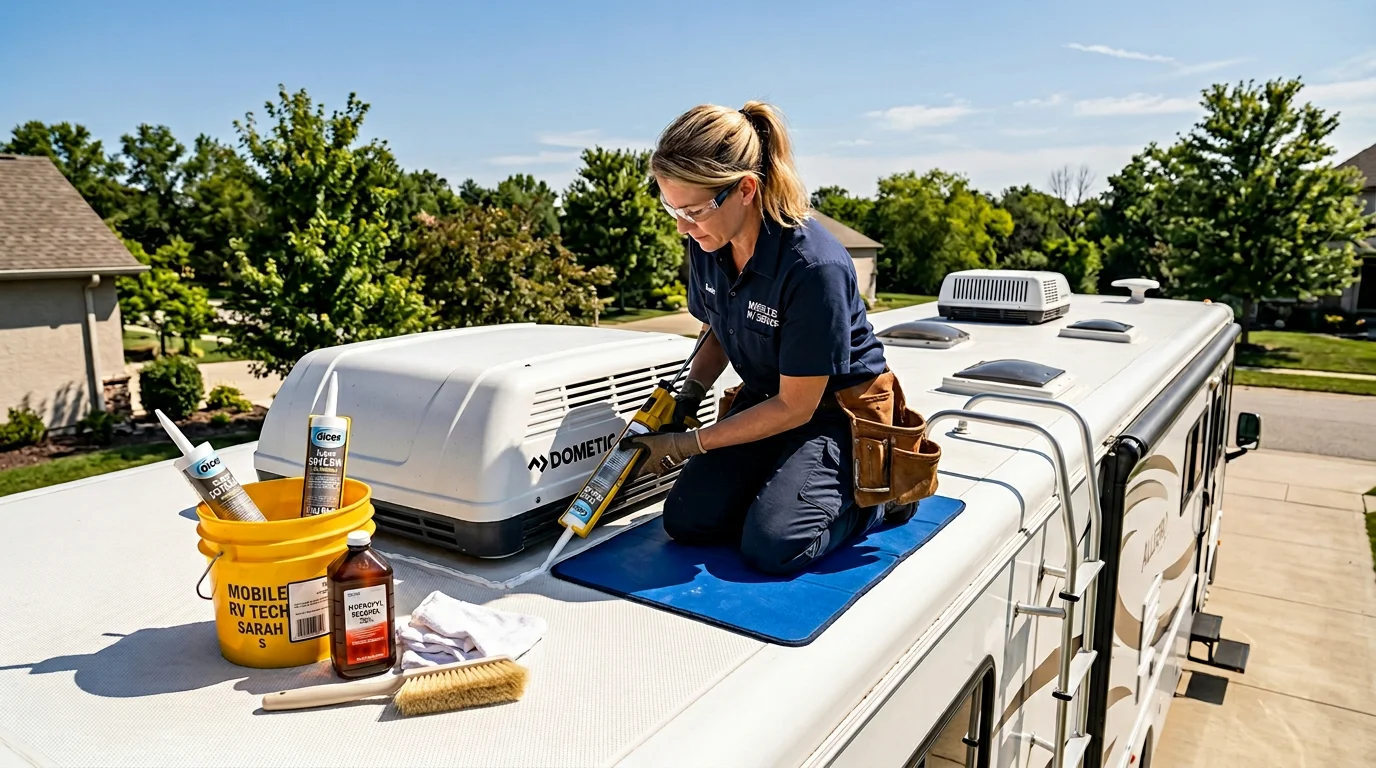 RV technician performing annual RV roof maintenance applying lap sealant around air conditioning unit on white Class A motorhome