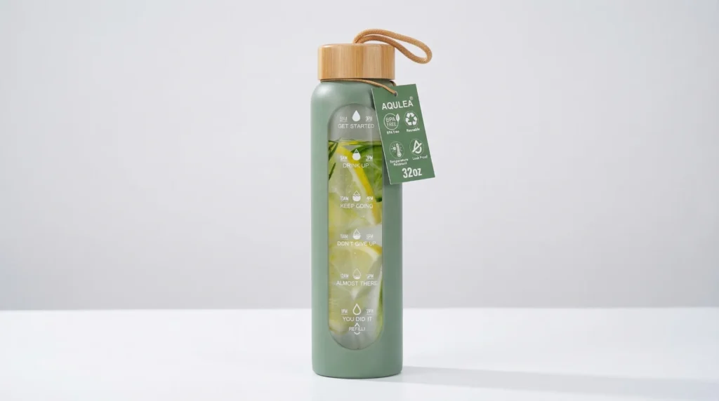 Aqulea glass water bottle with hourly time markers and a bamboo lid standing on a wooden office desk beside a laptop and planner