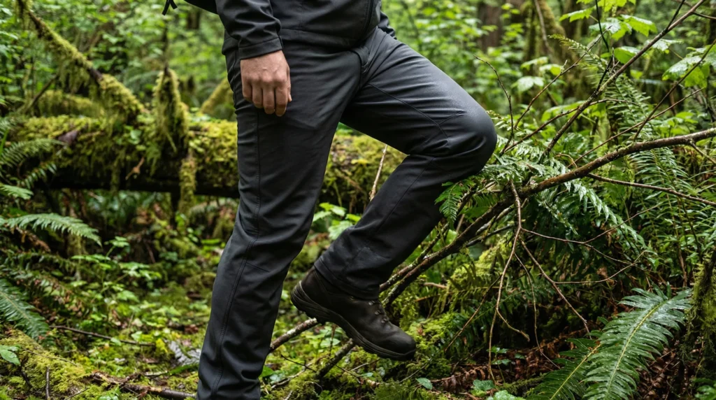 A male hiker wearing dark olive Arc'teryx Gamma softshell hiking pants pushing through dense forest brush on an off-trail route, fabric deflecting branches, backpack visible