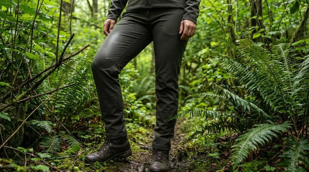 Close-up of a woman's legs in dark olive Arc'teryx Gamma softshell hiking pants pushing confidently through dense Pacific Northwest alder brush on an off-trail route
