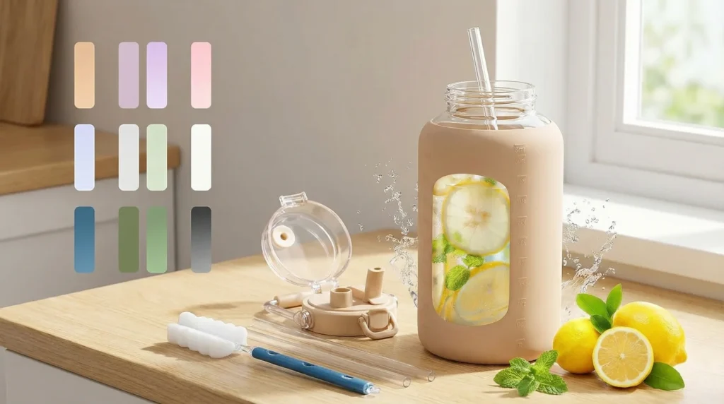 BLUEGO 84oz large capacity borosilicate glass water bottle with measurement lines and stainless steel lid.