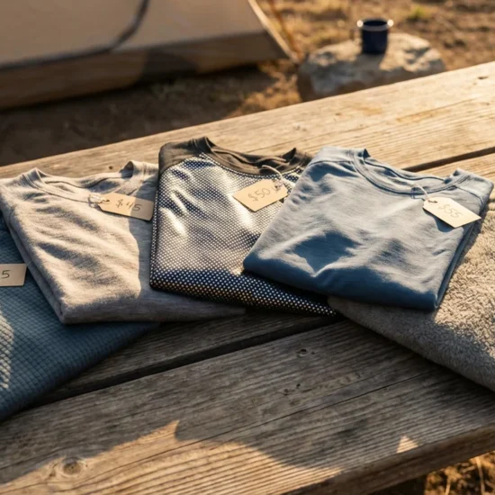 Five budget base layers for camping arranged on camp table showing different fabrics and price tags from 35 to 65 dollars