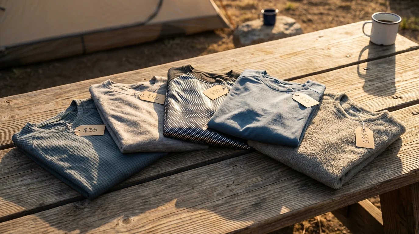 Five budget base layers for camping arranged on camp table showing different fabrics and price tags from 35 to 65 dollars