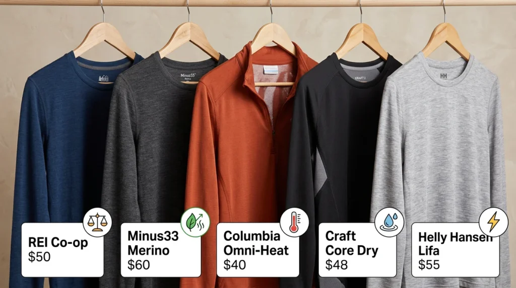 Five affordable base layers for camping on hangers showing REI, Minus33 Merino, Columbia, Craft, and Helly Hansen with prices and performance icons