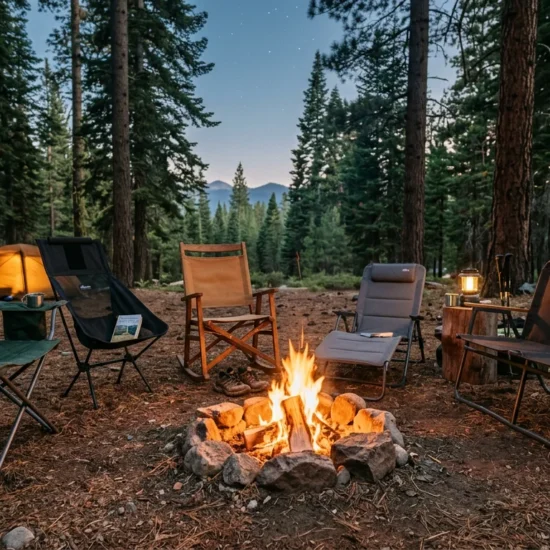 Eight premium camping chairs arranged around a glowing campfire in a pine forest at golden hour, representing the best camping chairs of 2026