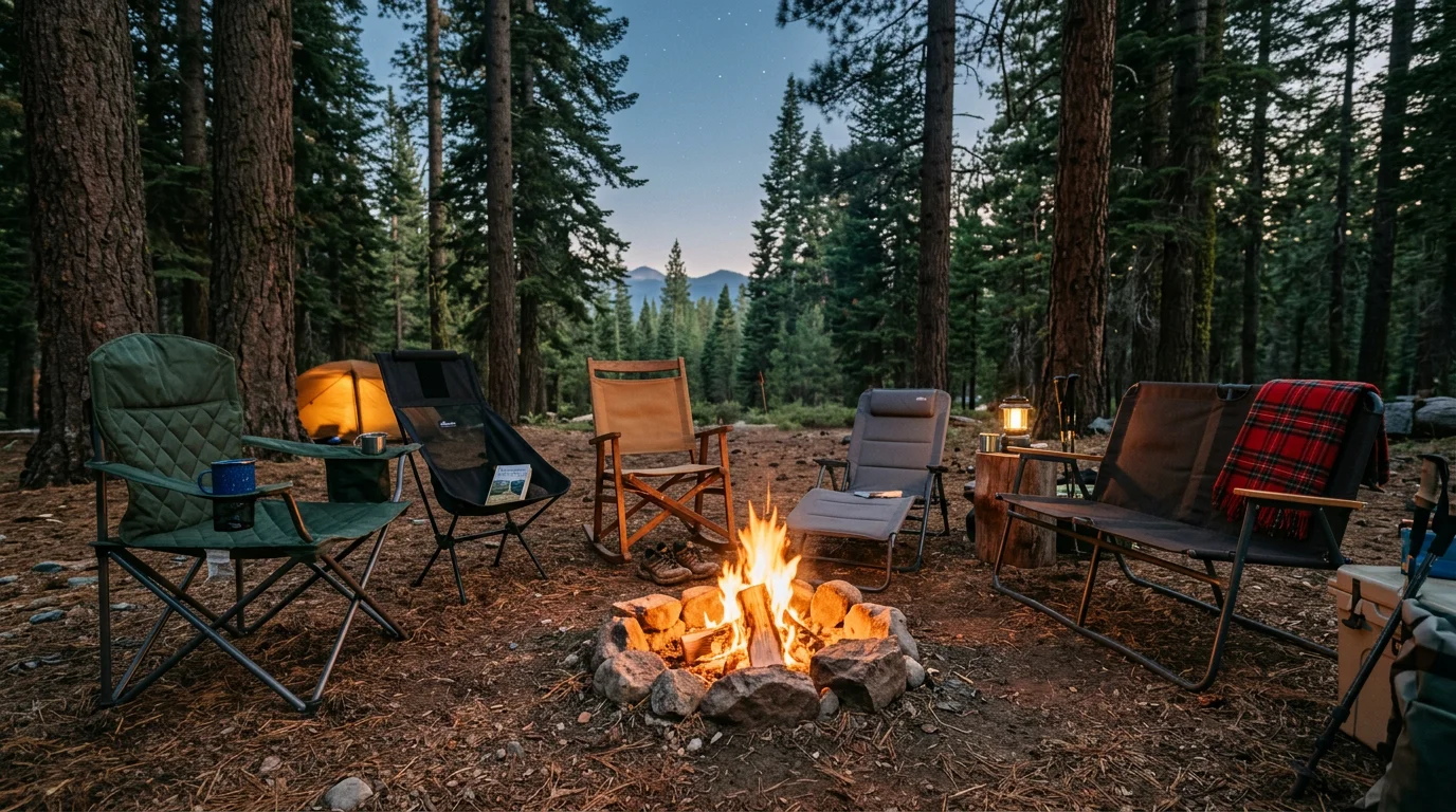Eight premium camping chairs arranged around a glowing campfire in a pine forest at golden hour, representing the best camping chairs of 2026