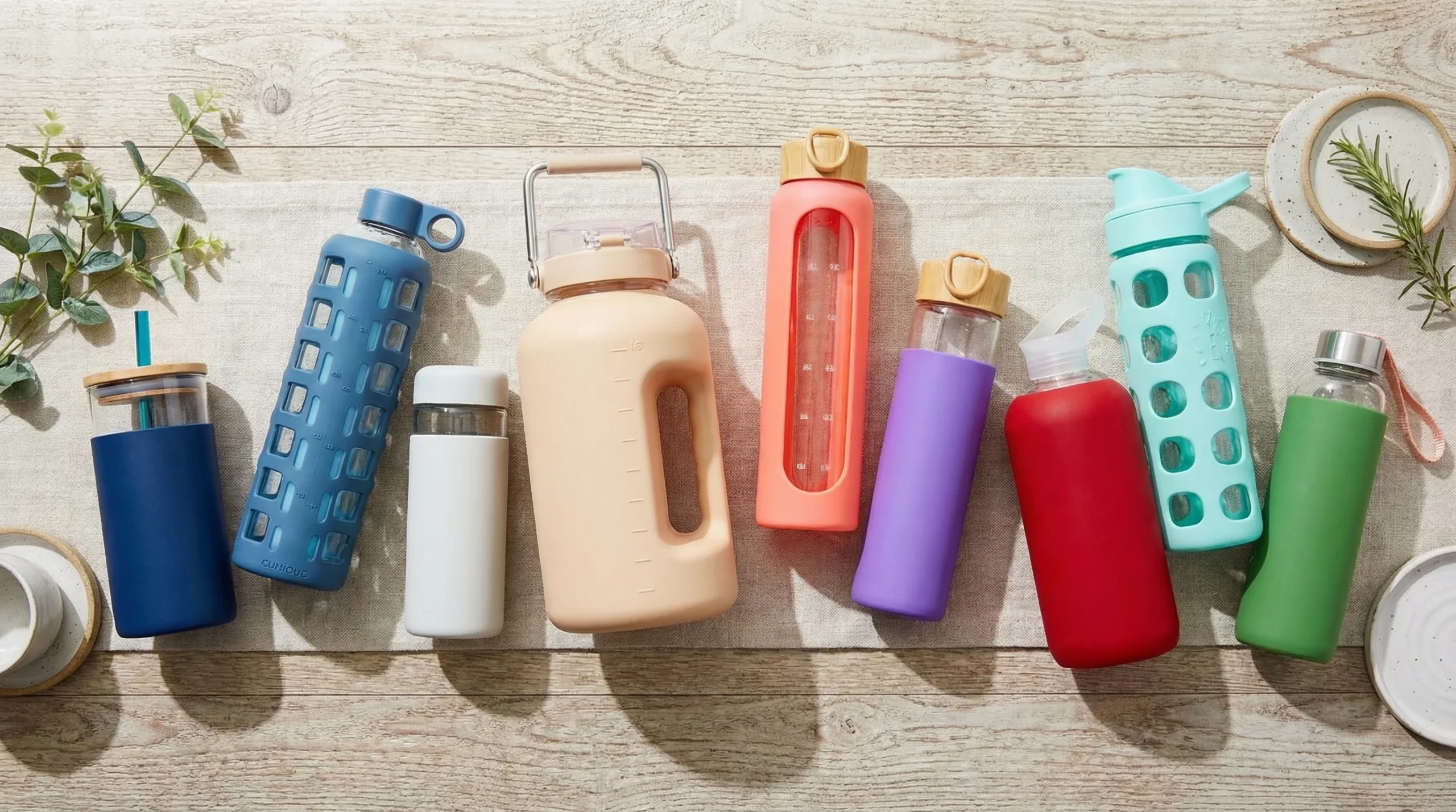A flat lay of ten glass water bottles with colorful silicone sleeves arranged on a rustic wooden surface with natural morning light and green herbs beside them