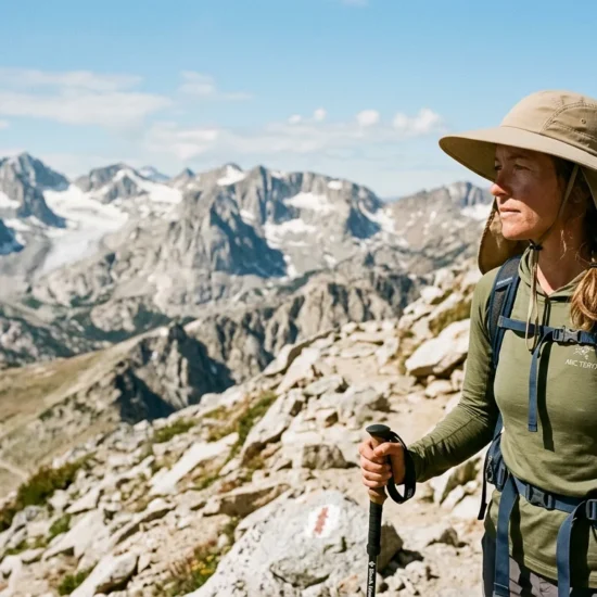 Female hiker wearing wide-brim UPF 50 hiking hat with neck cape on alpine trail above treeline with mountain backdrop