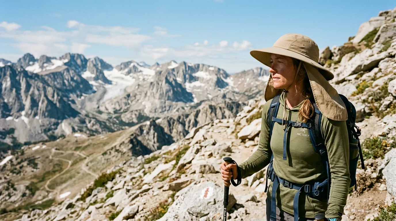 Female hiker wearing wide-brim UPF 50 hiking hat with neck cape on alpine trail above treeline with mountain backdrop