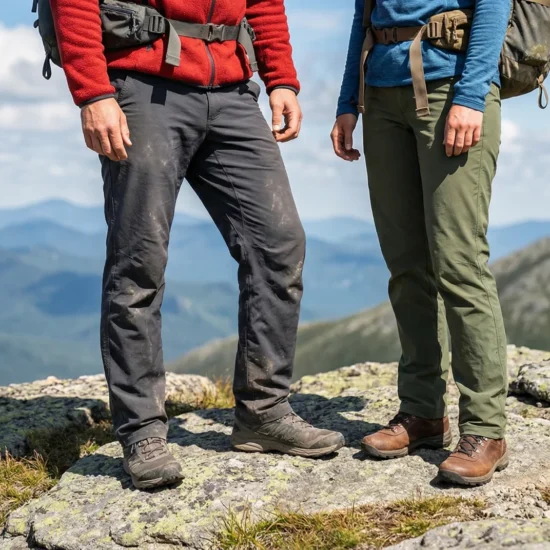 Male and female hikers wearing technical hiking pants standing on a rocky alpine ridge with a sweeping mountain panorama and blue sky behind them, backpacks on, trail-worn and confident