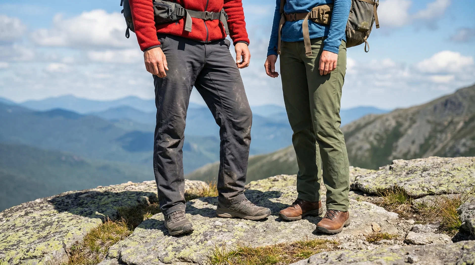Male and female hikers wearing technical hiking pants standing on a rocky alpine ridge with a sweeping mountain panorama and blue sky behind them, backpacks on, trail-worn and confident