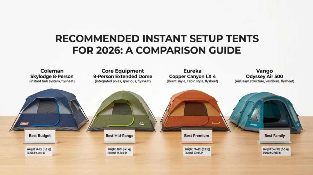 Four recommended instant setup tents for 2026 showing Coleman Skylodge budget, Core Equipment mid-range, Eureka Copper Canyon premium, and Vango Odyssey Air family options