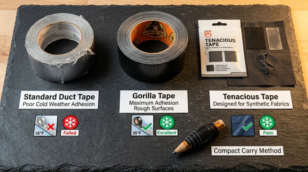 Three tape types for camping repairs showing standard duct tape versus Gorilla Tape versus Tenacious Tape with cold weather adhesion comparison