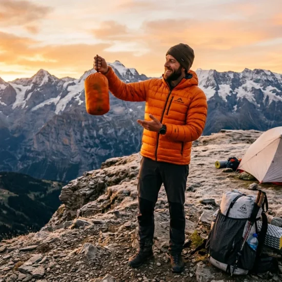 Backpacker wearing ultralight down jacket at mountain campsite holding compressed stuff sack showing packability