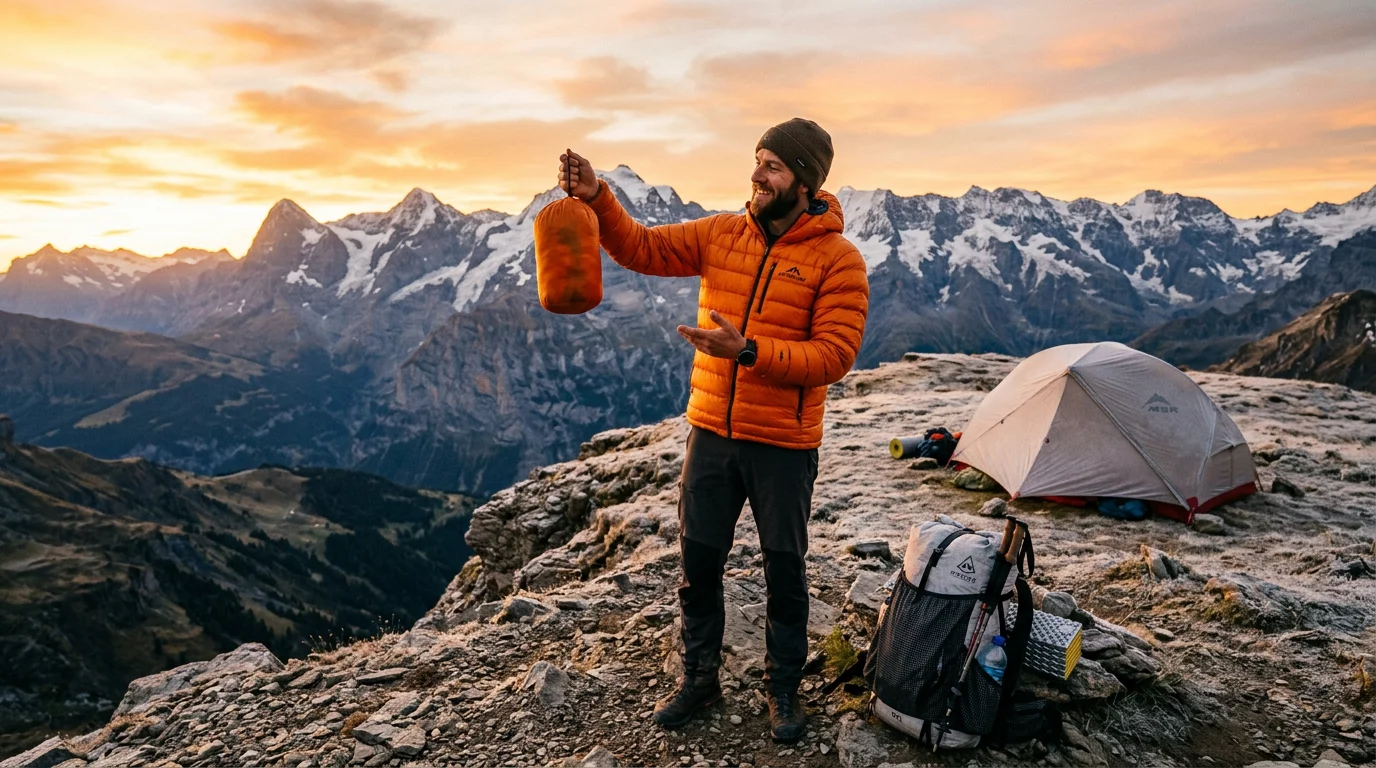 Backpacker wearing ultralight down jacket at mountain campsite holding compressed stuff sack showing packability