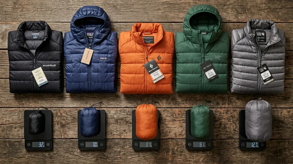 Five ultralight down jackets arranged by weight from 3.2 to 12.7 ounces with stuff sacks showing compression volume comparison