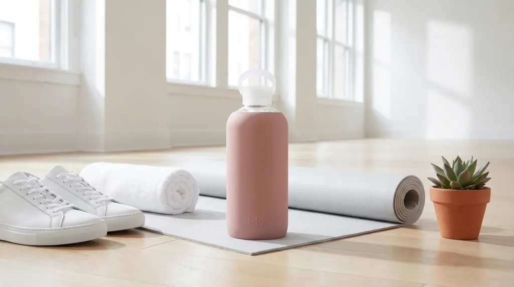 Bkr Big Bottle glass water bottle with a smooth dusty rose silicone sleeve placed on a yoga mat next to white sneakers and a rolled towel