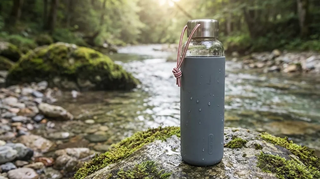 Black and Blum glass water bottle with stainless steel lid covered in condensation sitting on a granite rock outdoors in nature