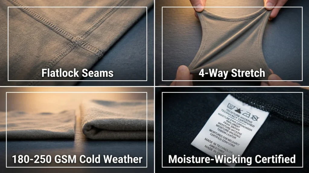 Four quality checkpoints for affordable base layers showing flatlock seams, four-way stretch, GSM rating, and moisture wicking certification