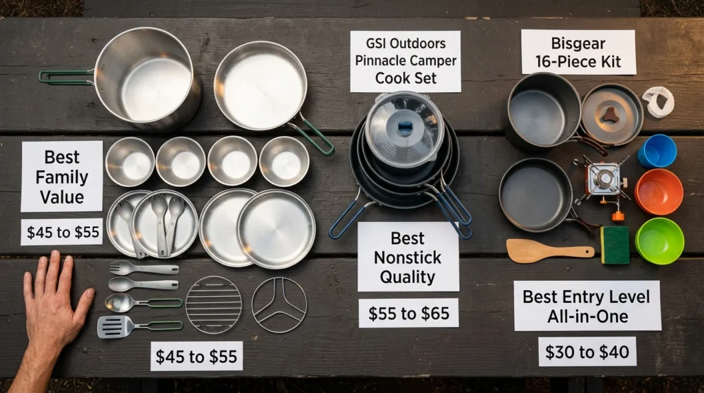 Three budget camp kitchen cookware options showing Stanley Base Camp 21-piece family set, GSI Pinnacle Camper nonstick set, and Bisgear 16-piece all-in-one kit with price tags