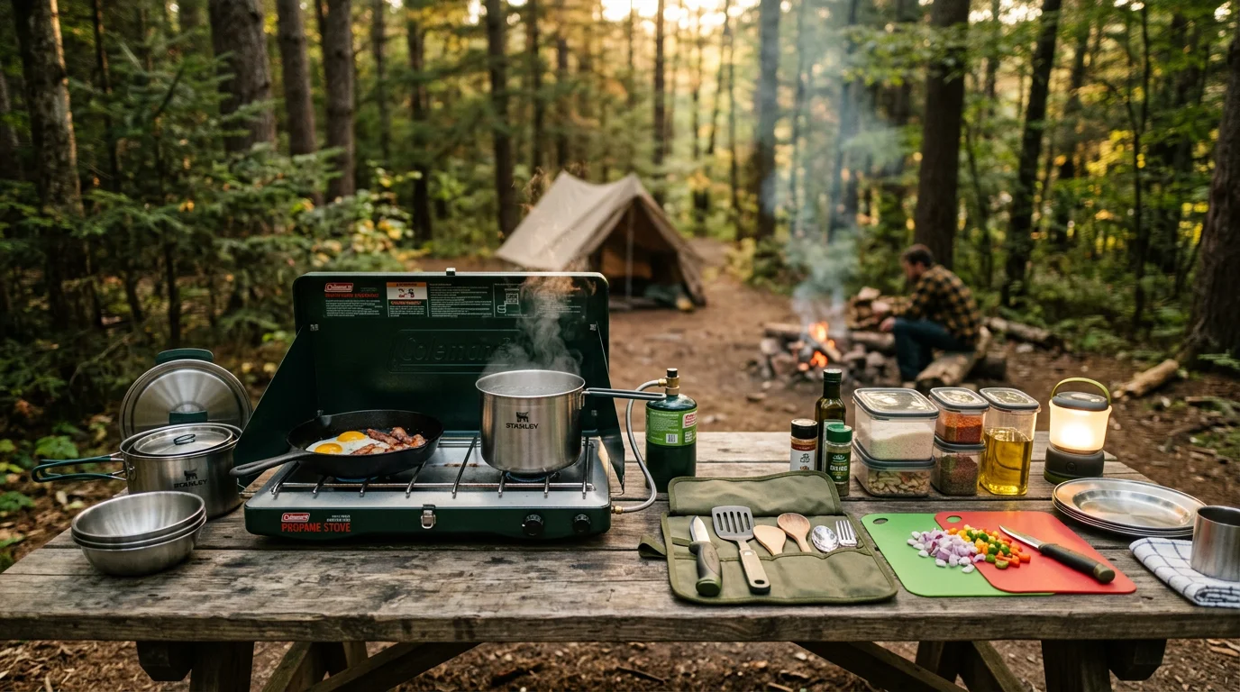 Complete budget camp kitchen gear setup under $100 on forest picnic table showing Coleman stove, Stanley cookware, utensil organizer, cutting mats, and lantern at golden hour