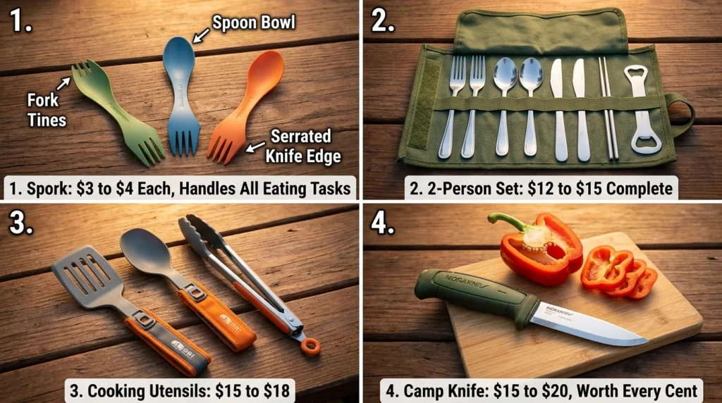 Four-panel camp kitchen cutlery setup showing Light My Fire spork, Wealers two-person stainless set, GSI folding cooking utensils, and Morakniv Companion camp knife with prices