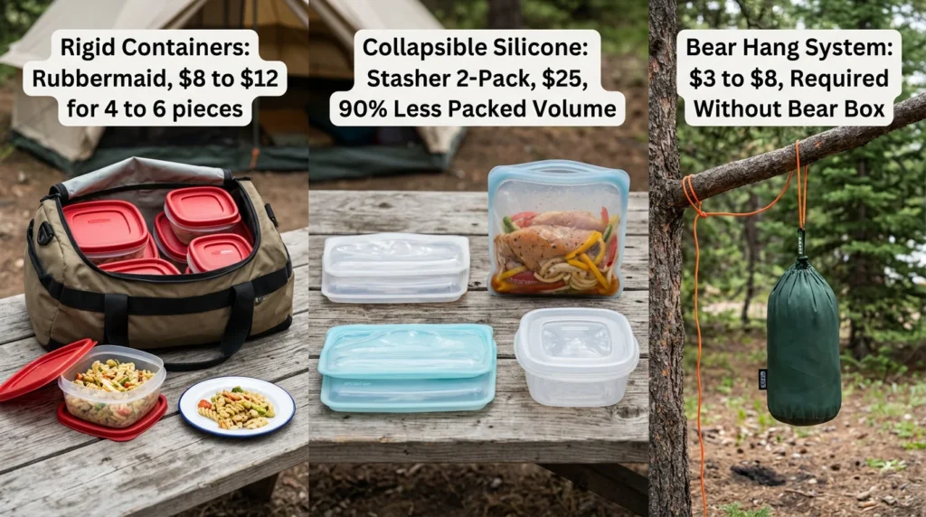 Camp kitchen food storage comparison showing Rubbermaid rigid containers, Stasher collapsible silicone bags with volume comparison, and paracord bear hang system with prices