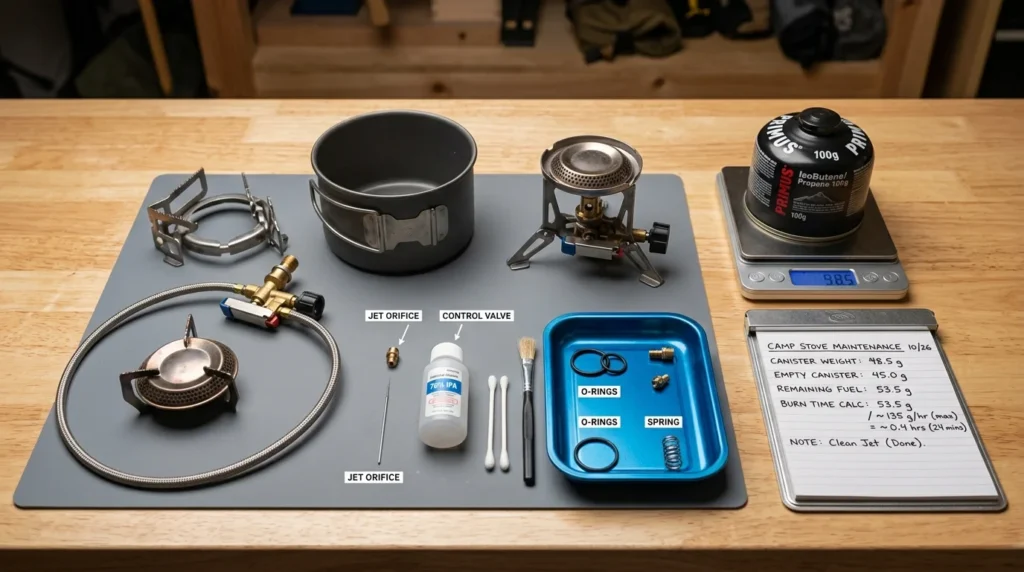 Camp stove disassembled for maintenance beside cleaning needle and tools with fuel canister on kitchen scale showing weight calculation