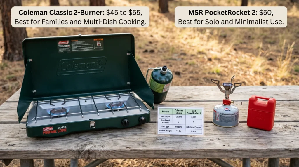 Camp stove comparison showing Coleman Classic two-burner propane stove for families versus MSR PocketRocket 2 single-burner canister stove for solo camping with spec comparison card