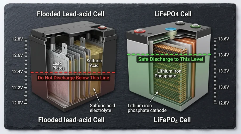 Cross-section diagrams comparing lead-acid 50 percent discharge limit versus LiFePO4 lithium 80 percent safe discharge depth with voltage scales