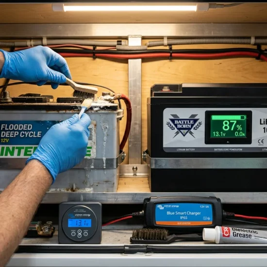 RV camper battery health maintenance showing lead-acid battery terminal cleaning beside LiFePO4 lithium battery with digital state of charge monitor