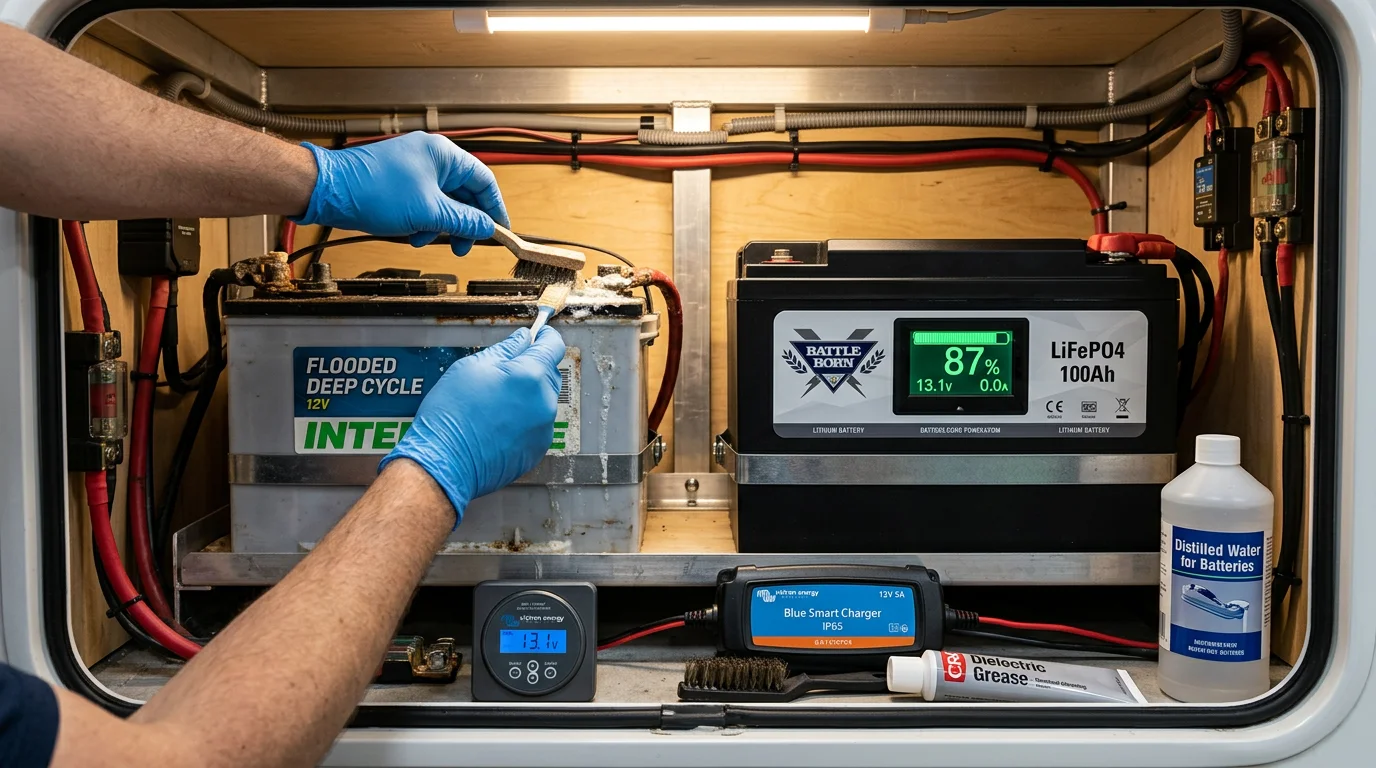 RV camper battery health maintenance showing lead-acid battery terminal cleaning beside LiFePO4 lithium battery with digital state of charge monitor