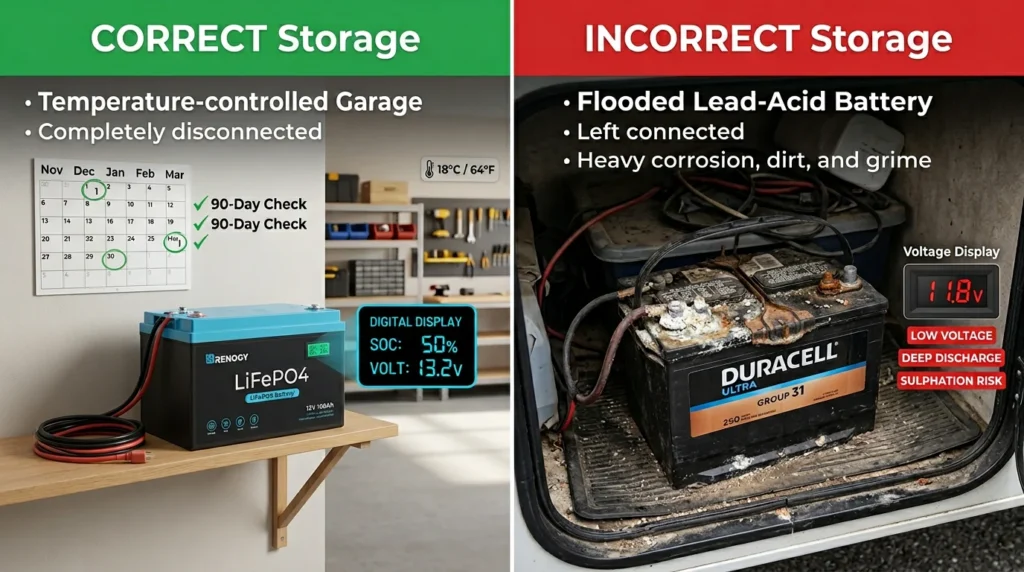 Correct camper battery storage showing LiFePO4 at 50 percent SOC disconnected versus incorrect storage showing deep discharged lead-acid with terminal corrosion
