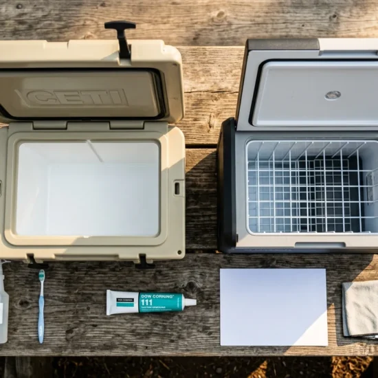 Flat lay of camper cooler fridge gasket care supplies including conditioner, vinegar cleaner, toothbrush, silicone paste, and paper test sheet beside open rotomolded cooler
