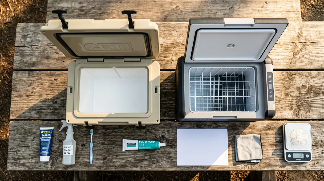 Flat lay of camper cooler fridge gasket care supplies including conditioner, vinegar cleaner, toothbrush, silicone paste, and paper test sheet beside open rotomolded cooler