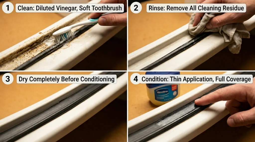 Four-step gasket cleaning showing vinegar toothbrush scrub, rinse, drying, and Vaseline conditioning application for camper cooler maintenance