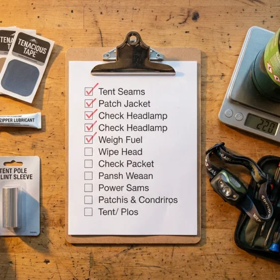 Flat lay of camping maintenance supplies including seam sealer, Tenacious Tape, DWR spray, pole splint, and printed camper maintenance checklist on workbench