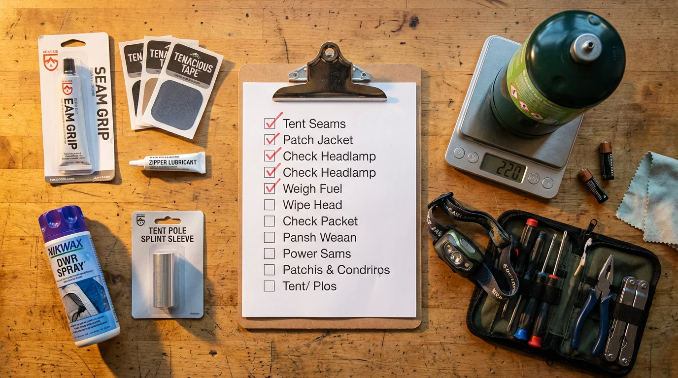Flat lay of camping maintenance supplies including seam sealer, Tenacious Tape, DWR spray, pole splint, and printed camper maintenance checklist on workbench