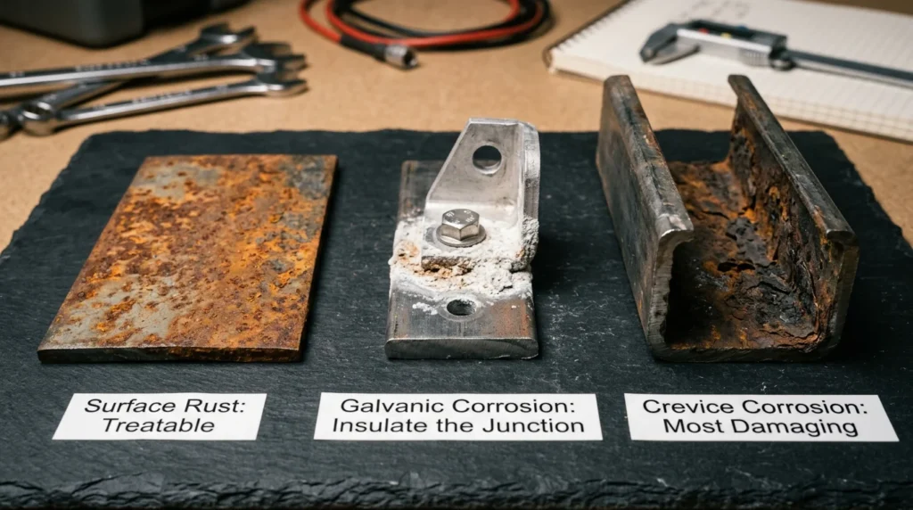 Three camper corrosion types showing treatable surface rust, galvanic corrosion at bimetallic junction, and deep crevice corrosion inside C-channel structural section