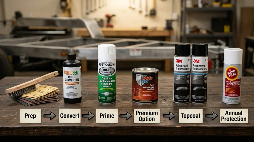 Complete camper rust prevention coating system showing wire brush prep, rust converter, zinc primer, POR-15, rubberized undercoat, and Fluid Film in application sequence order