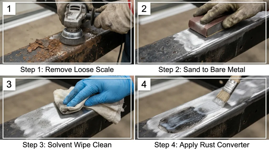 Four-step camper chassis rust preparation showing wire brush scale removal, sanding to bare metal, acetone wipe, and Corroseal rust converter application