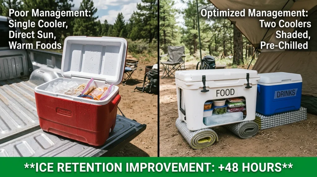 Condensation management comparison showing single cooler in direct sun with warm foods versus two shaded coolers with pre-chilled contents showing 48 hour ice life improvement