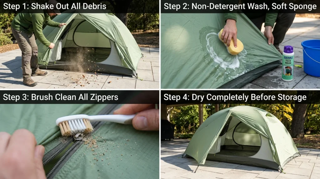 Camping Tents Lifespan. Four-step tent cleaning sequence showing debris shake out, Nikwax Tech Wash sponge application, zipper toothbrush cleaning, and complete drying before packing